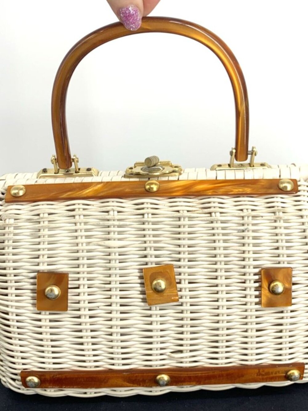 Vintage Purse Nylon Wicker Woven Lucite Handbag British Hong Kong 9" Wide